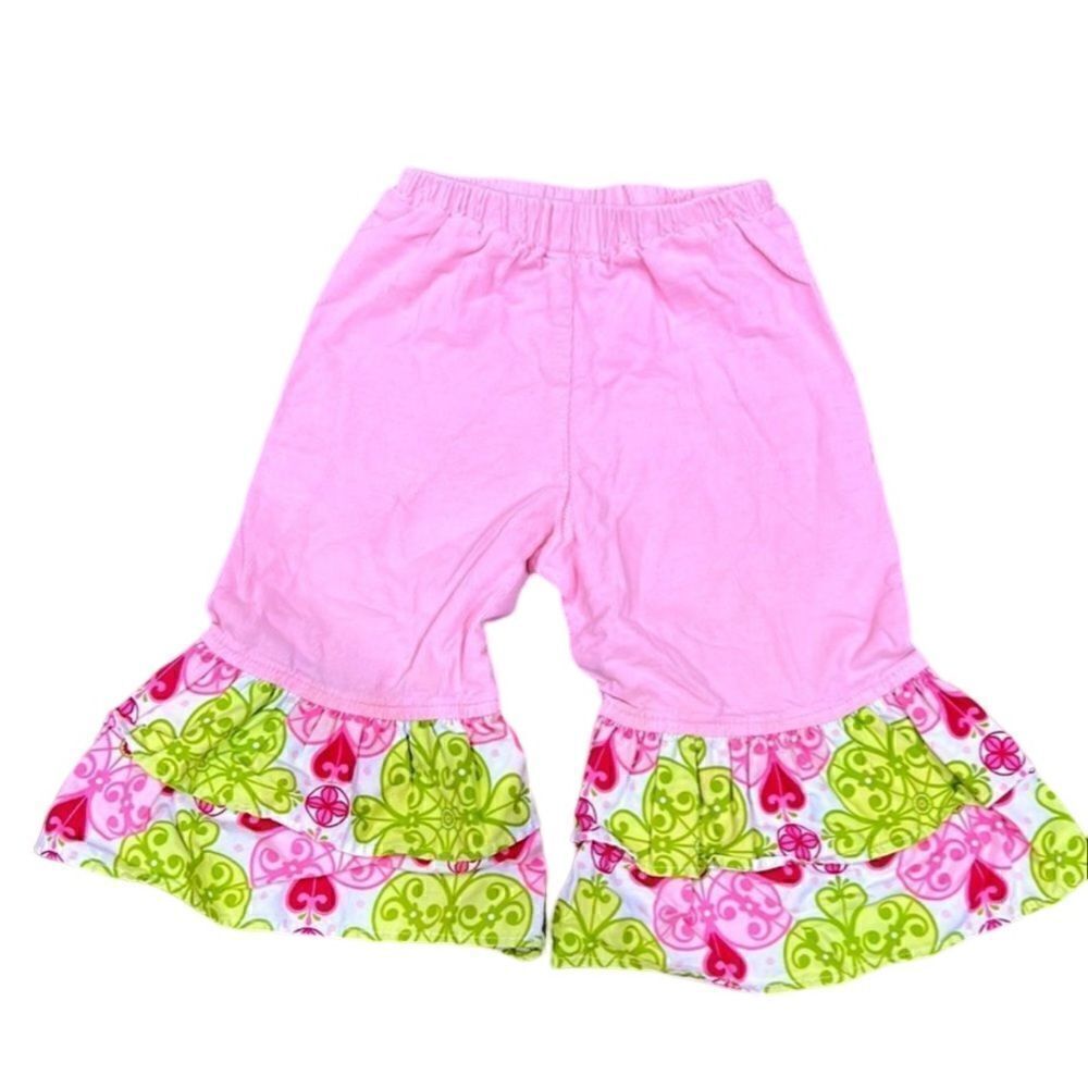18mo Baby Girl Pink Corduroy Pants w Pink & Green Designed Double Ruffle Bottoms